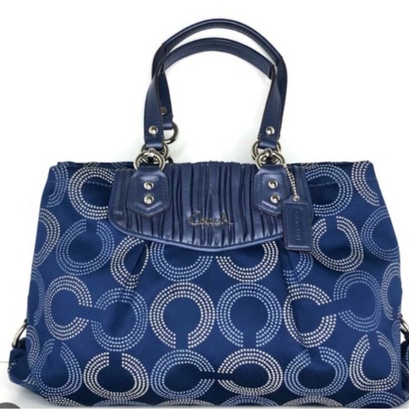 Authentic Cobalt Blue Ashley Dotted Op Art Signature Coach Handbag Purse - Picture 1 of 7